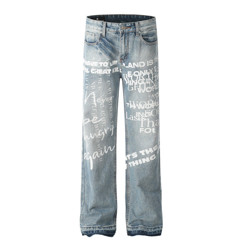 American Men Jeans Washed Old Jeans Hip Hop Loose Casual Straight Pants
