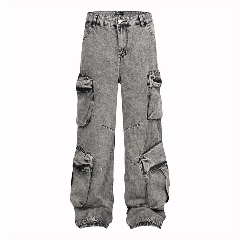 American Mens Jeans Washed Old Multi-Pocket Jeans