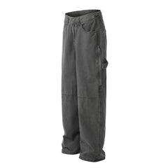 American Men Jeans Vintage Washed Overalls Zipper Pockets Straight Casual Pants