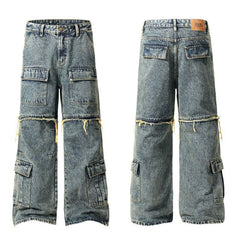 American Mens Jeans Retro Multi-Pocket Straight Pants