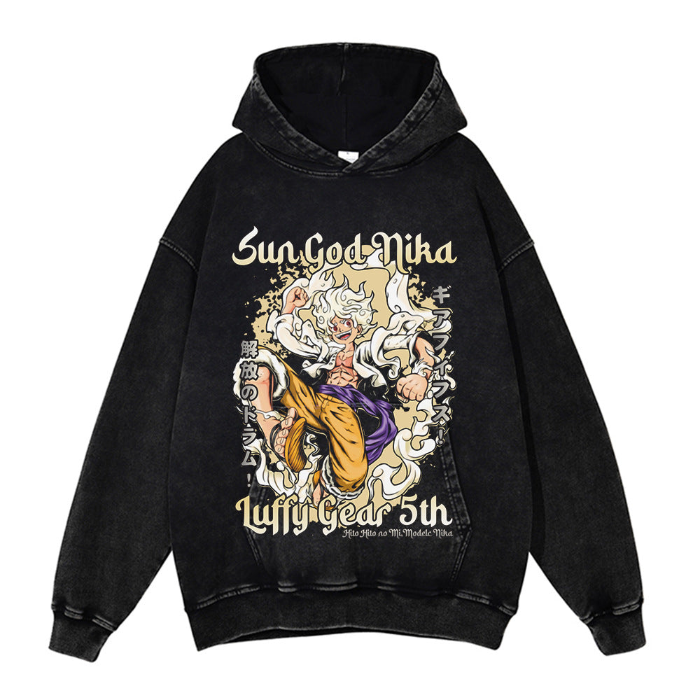 Men Hoodie Casual Japanese Luffy Printed Washed Hooded Sweater Vintage