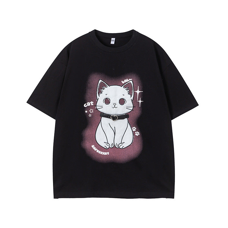 Camisas Vintage Hombre Cat Embroidery Crew Neck Short Sleeve T-Shirt