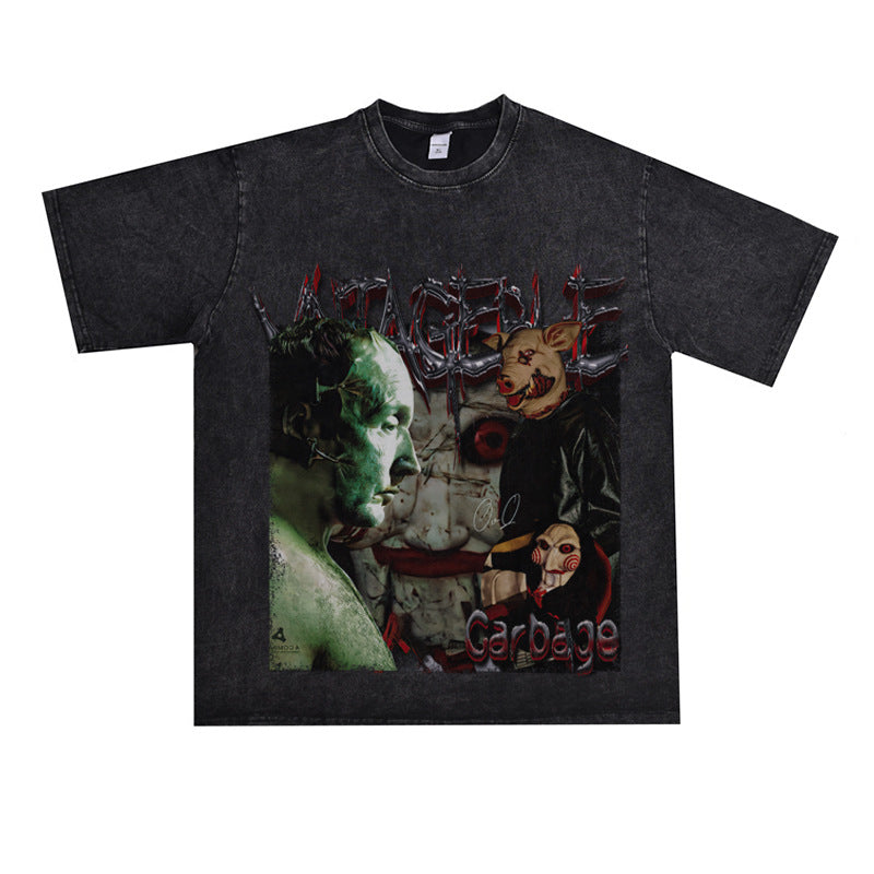 Film Star T Shirt Pure Cotton Loose Short Sleeve American Retro Trendy Printed round Neck T-shirt for Men