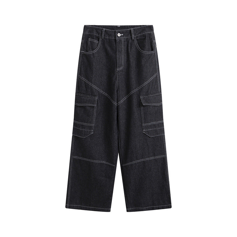 American Men Jeans Retro Washed Straight Loose Wide Leg Jeans