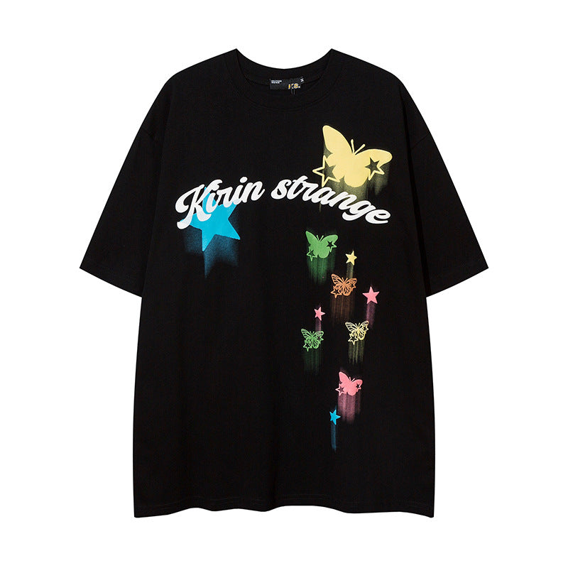 Camisas Vintage Hombre Butterfly Print Short Sleeve T-Shirt Hip Hop Loose Casual