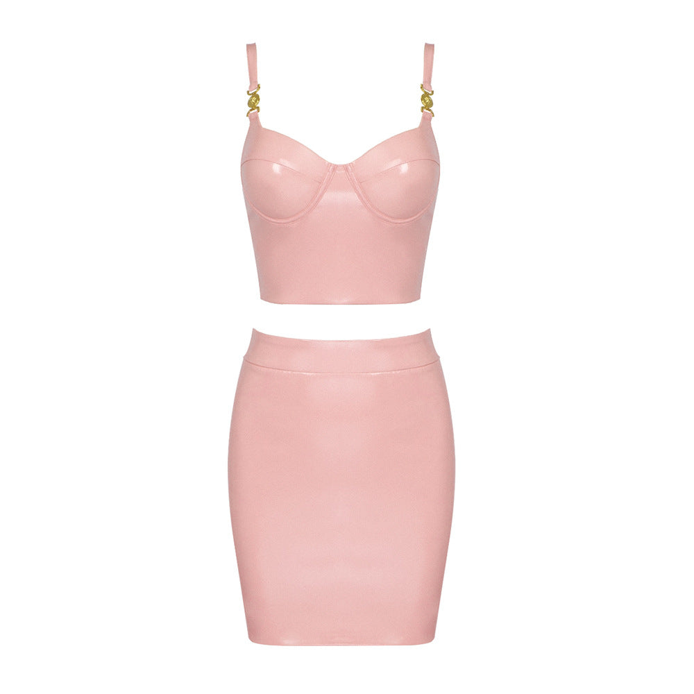 Emily Ratajkowski Dress PU Leather Slip Dress Two-Piece Set