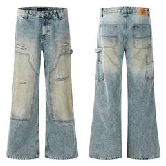 American Men Jeans Ripped Old Dirty Denim Micro Flared Pants Washed Wide Feet Pants