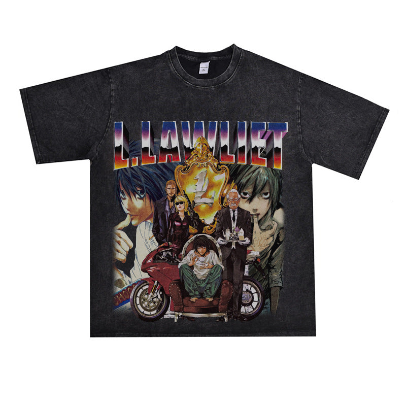 Film Star T Shirt Anime Retro Washed Distressed Flower Short Sleeve Loose T-shirt Men and Women