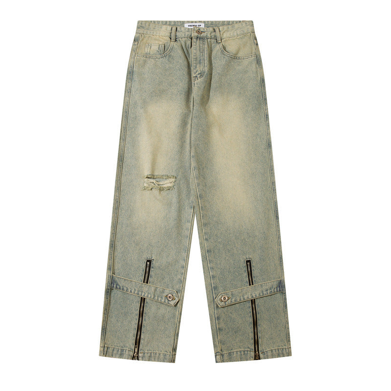 American Mens Jeans Wash Ripped Denim Straight Pants