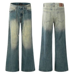 American Mens Jeans retro gradual change blue jeans cleanfit straight loose wide-leg trousers