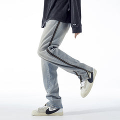 American Men Jeans Zipper Split Jeans Retro Old Loose Straight Pants