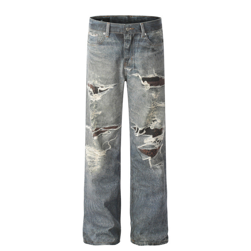 American Men Jeans Vintage Ripped Splicing Washed Old Wide Leg Jeans