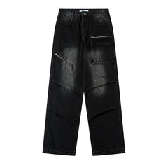 American Men Jeans Washed Water Old Zipper Decorative Denim Straight Pants