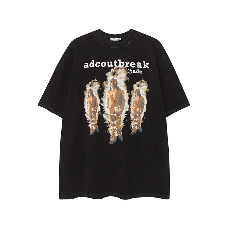 Camisas Vintage Hombre Vintage Washed Old Flame Print Short Sleeve T-Shirt Oversize