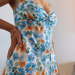 Mariah Carey Dress Backless Sexy Daisy Print Bow Suspenders Dress