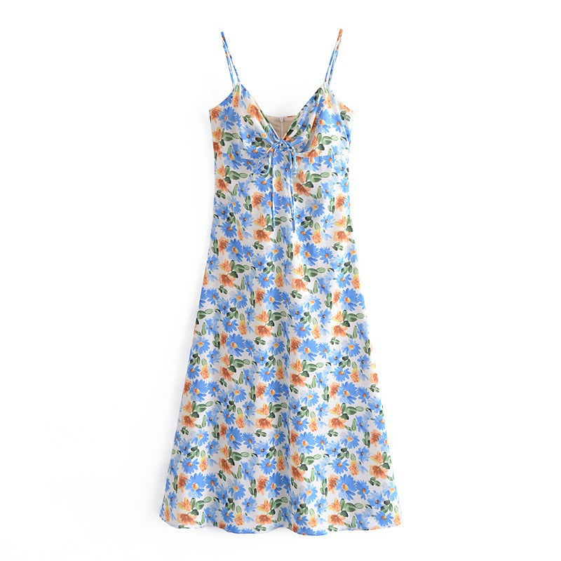 Mariah Carey Dress Backless Sexy Daisy Print Bow Suspenders Dress