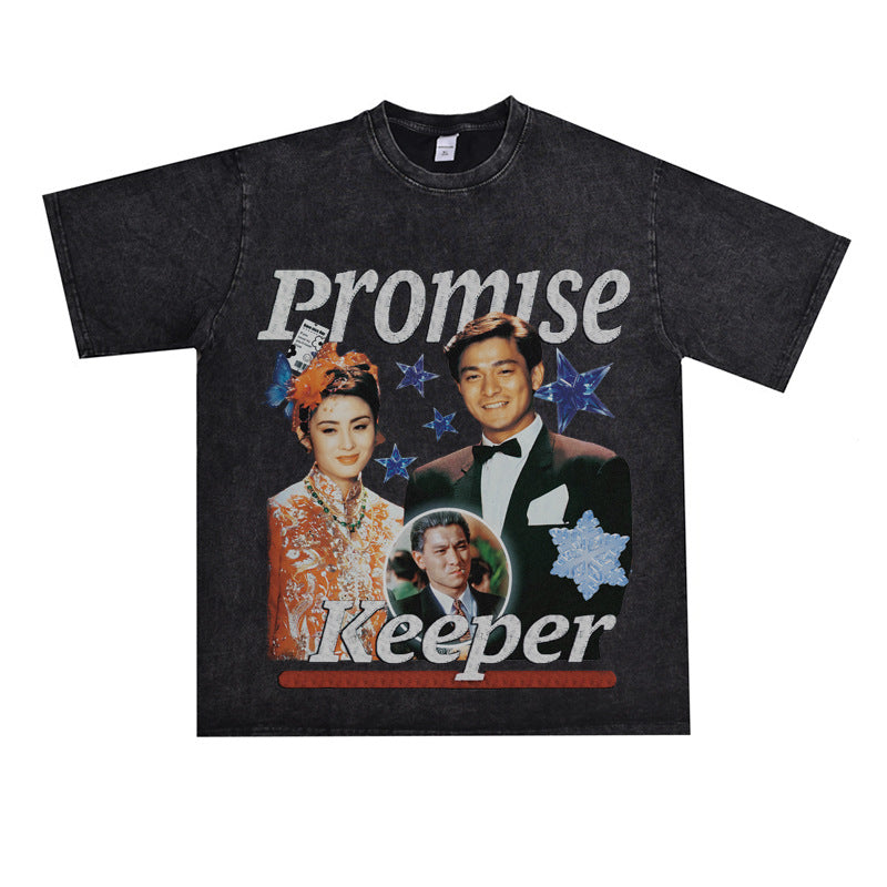 Film Star T Shirt Loose Heavy American Retro Street Cotton Personalized T-shirt for Men and Women