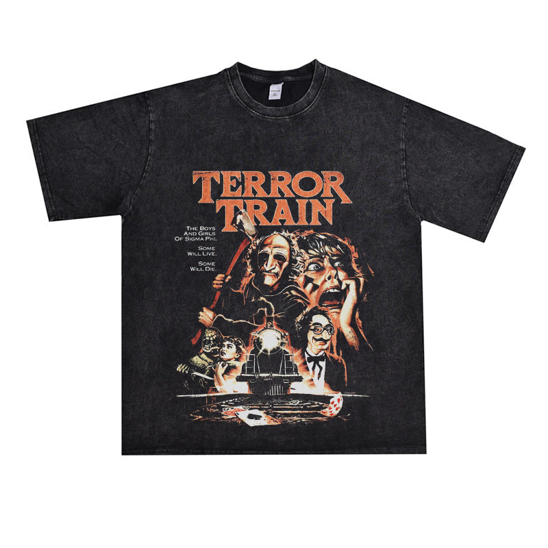 Film Star T Shirt Horror Movie Death Train Pure Cotton Loose Nostalgic Short Sleeve Trendy T-shirt Men and Women