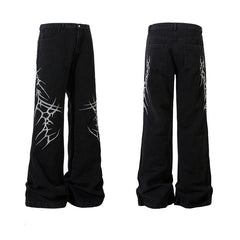 American Men Jeans Loose Straight Jeans Embroidered Flower Pants