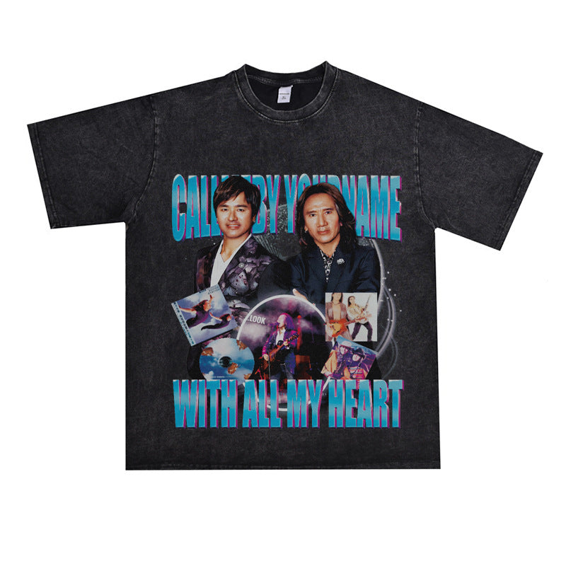 Film Star T Shirt Medium Loose Heavy Weight Retro Street Cotton T-shirt Men and Women