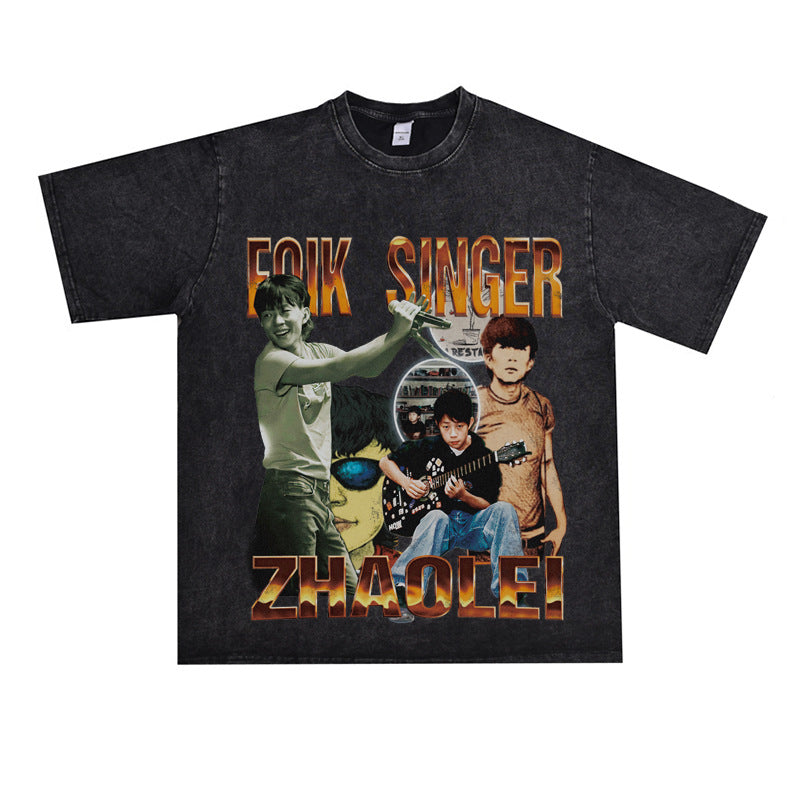 Film Star T Shirt Loose American Retro Street round Neck T-shirt Men and Women