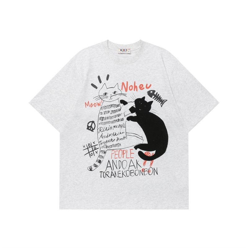 Ellie Seattle Shirt Cat Fun Letter Crew Neck Print Short Sleeve Cotton T-Shirt
