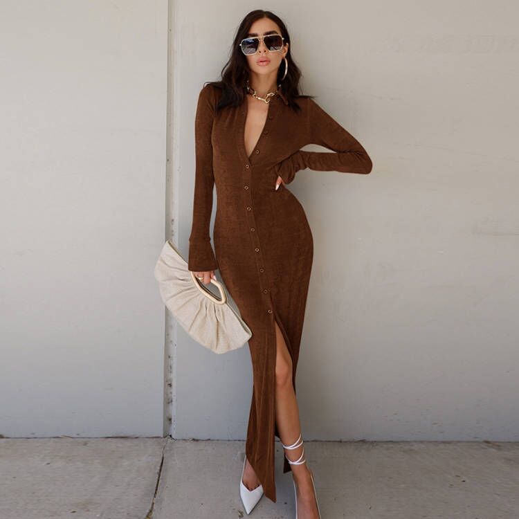 Emily Ratajkowski Dress Stylish Good Texture High Waist Knitted Long-Sleeved Dress