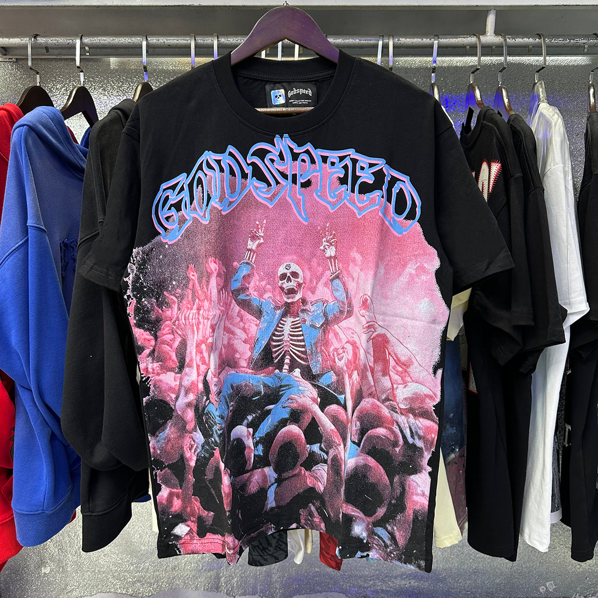 Godspeed T Shirts Skeletons Crowd Printed Cotton Casual Short Sleeves Men and Women