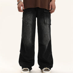 American Men Jeans Washed Water Old Zipper Decorative Denim Straight Pants