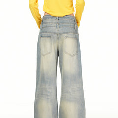 American Men Jeans Vintage Wave Tie-Dye Wash Old Straight Jeans