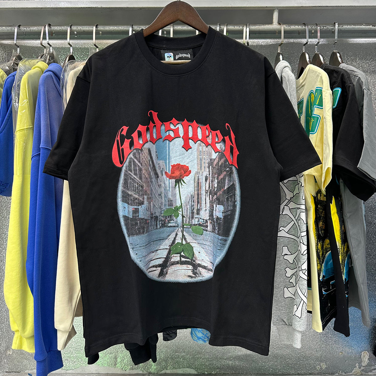 Godspeed T Shirts Street View Rose Print Cotton Casual Short Sleeve Men and Women