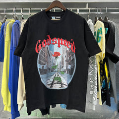 Godspeed T Shirts Street View Rose Print Cotton Casual Short Sleeve Men and Women
