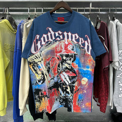 Godspeed T Shirts Skull Baseball Players Printed Cotton Casual Short Sleeves Men and Women