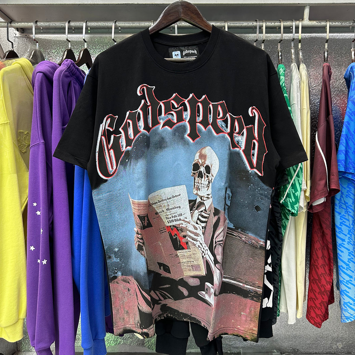 Godspeed T Shirts Newspaper Skull Printing Cotton Casual Short Sleeves Men and Women