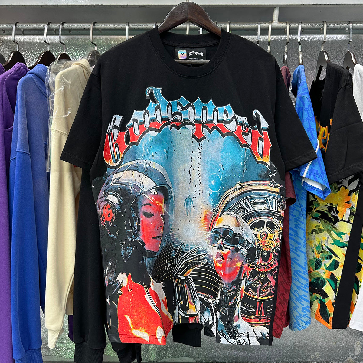 Godspeed T Shirts Astronaut Robot Printed Cotton Casual Short Sleeve Men and Women