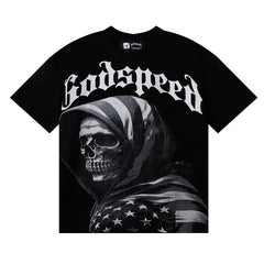 Godspeed T Shirts American Flag Skull Print Cotton Casual Short Sleeves Men and Women
