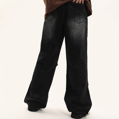 American Men Jeans Washed Water Old Zipper Decorative Denim Straight Pants