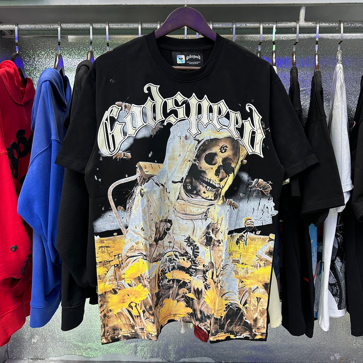 Godspeed T Shirts Skull Bee Sunflower Print Cotton Short Sleeve Men and Women