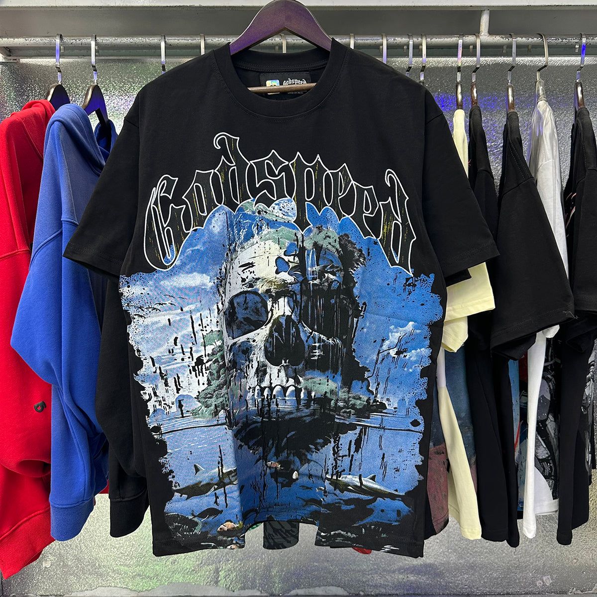 Godspeed T Shirts Skull Landscape Printing Cotton Casual Short Sleeves Men and Women