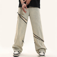 American Men Jeans Zipper Loose Casual Straight Pants