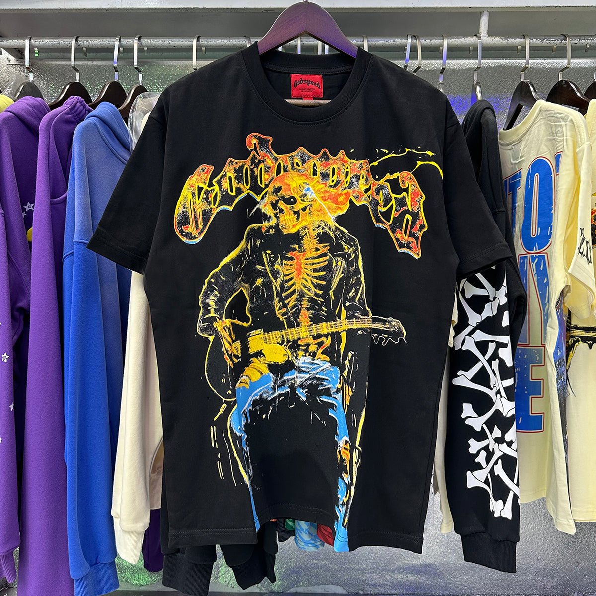 Godspeed T Shirts Guitar Skull Denim Print Casual Crew Neck Short Sleeve Men and Women